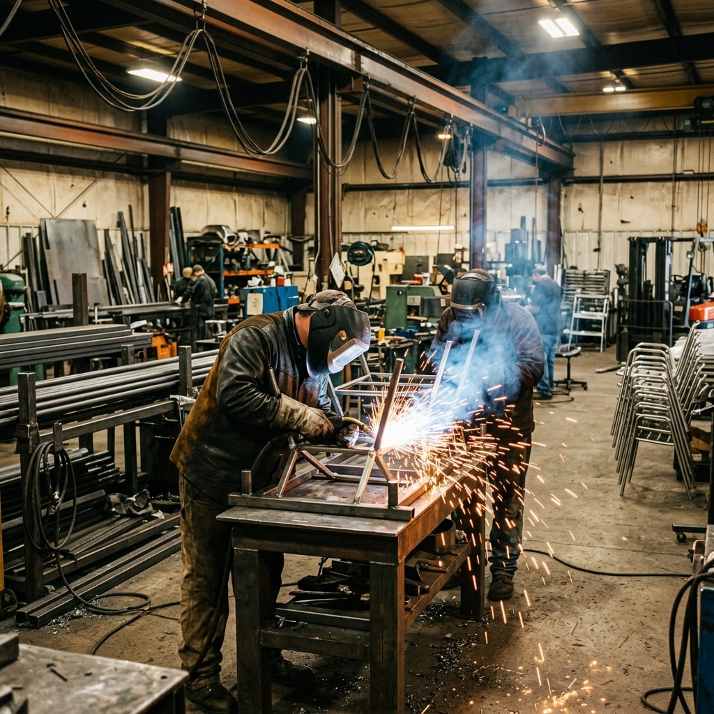 Steel furniture manufacturing workshop at Indian Make Steel Industries, Coimbatore